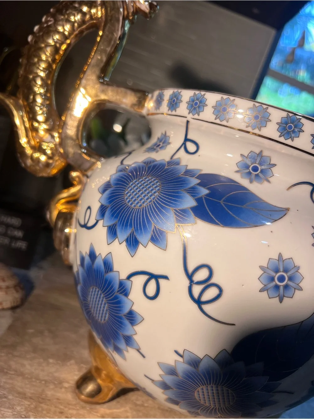 Blue Floral Porcelain Urn with Gold Dragon Handles